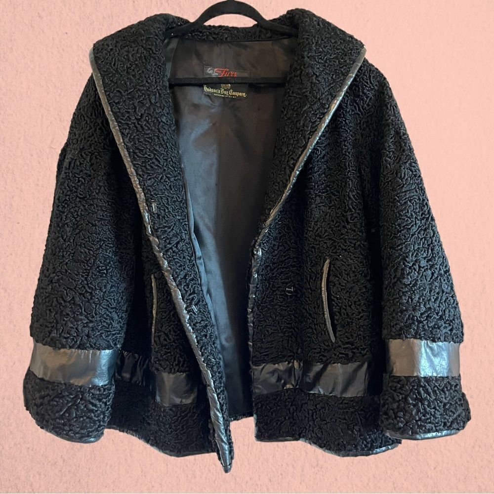 Vintage 1960s Hudson Bay black Persian lamb wool coat leather accents - Picture 7 of 16